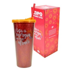 COPO CANUDO 650ML GLITER SEJA A ENERGIA QUE DESEJA ATRAIR NEW GIFT
