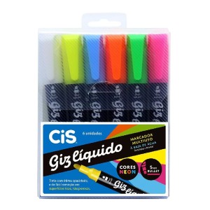 MARCADOR GIZ LÍQUIDO ESTOJO C/ 6 CORES NEON CIS