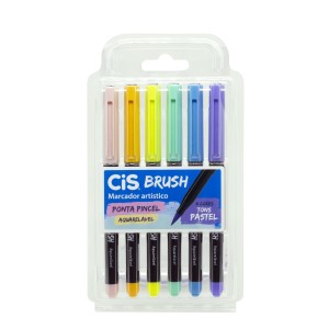 MARCADOR ARTISTICO BRUSH AQUARELÁVEL C/ 6 CORES TONS PASTEL CIS